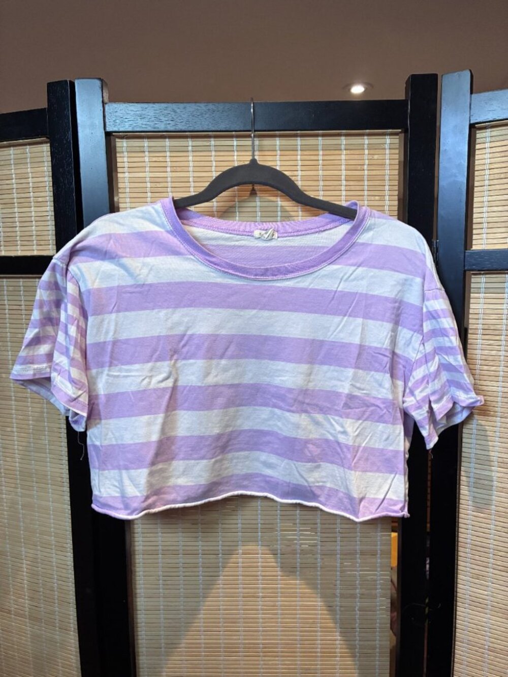 Garage Lilac White Striped Boxy Crop Tee L